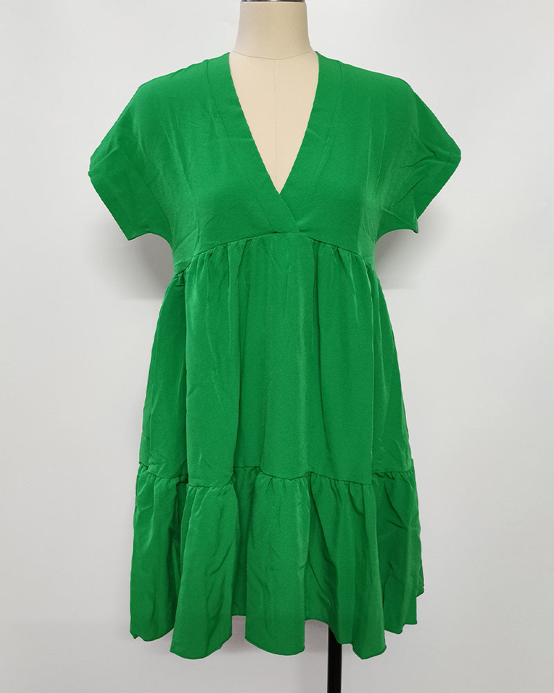 Robe Unie Col-V Volant-Garni