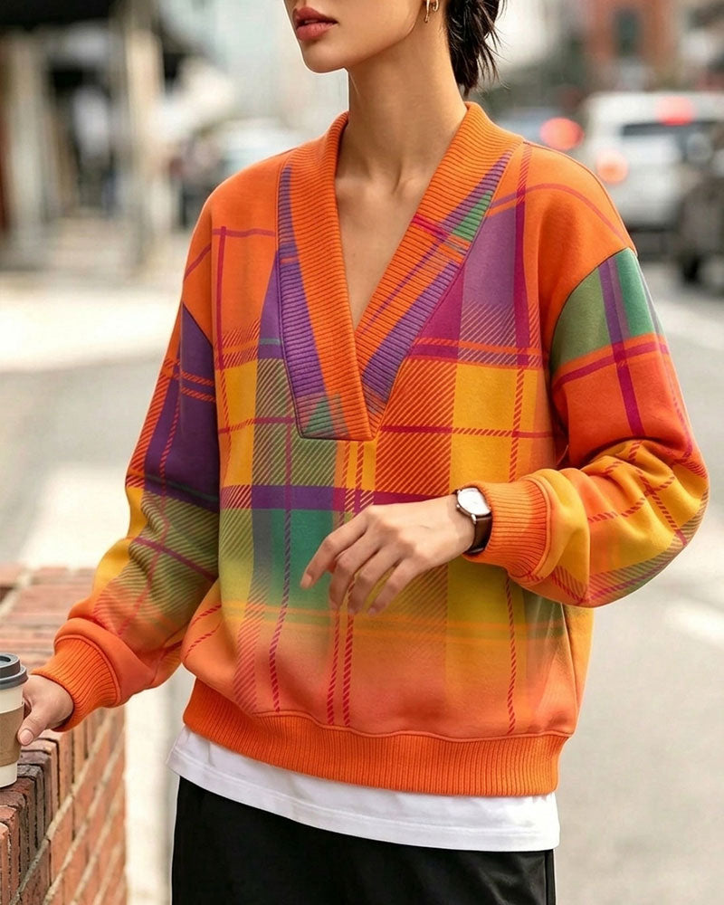 Sweatshirt Col V Carreau Décontracté