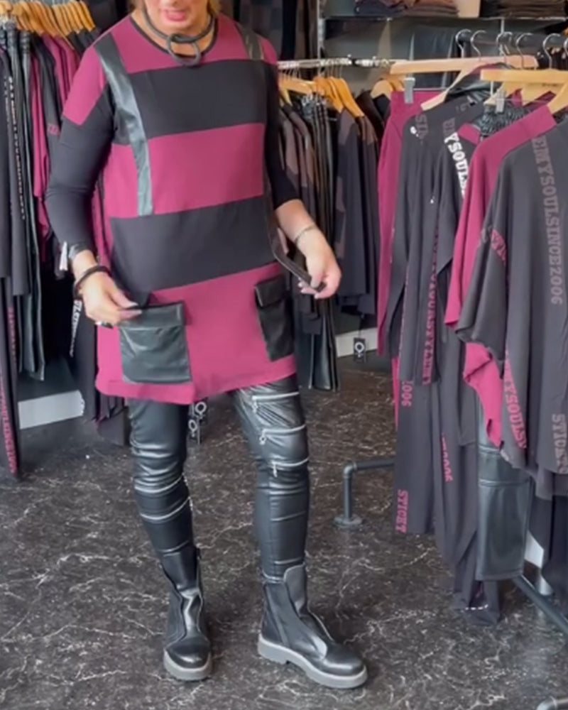 Haut de couleur contrastée avec coutures de poche en PU à col rond