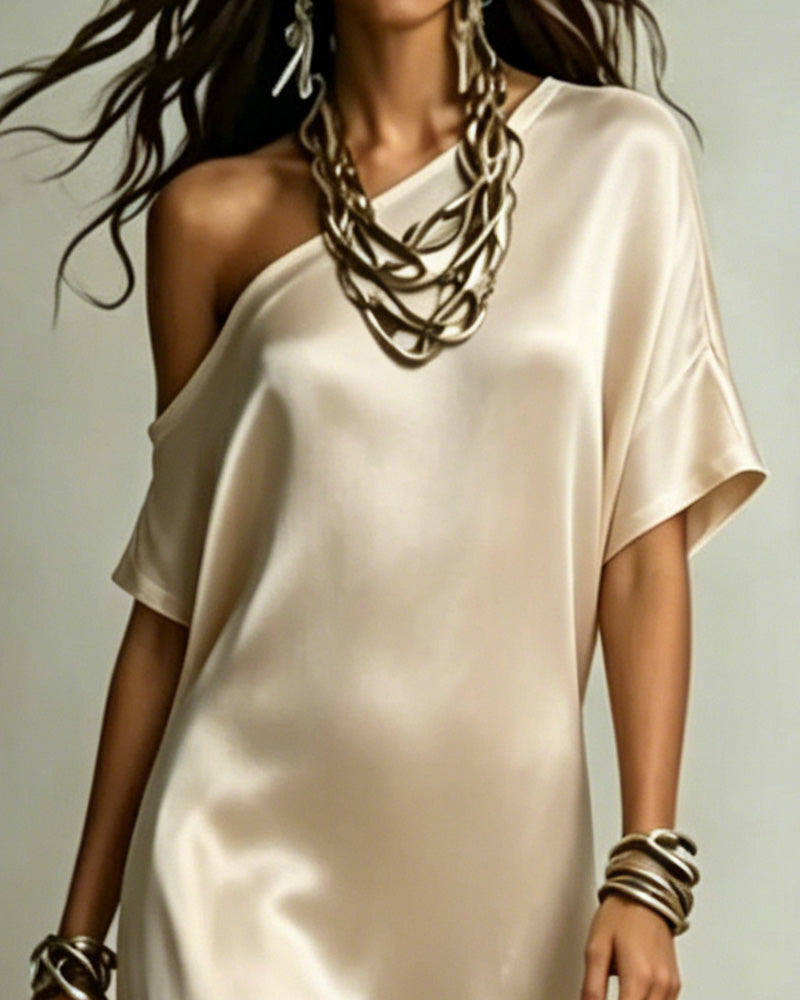 Robe Satin Une Épaule Fente Maxi