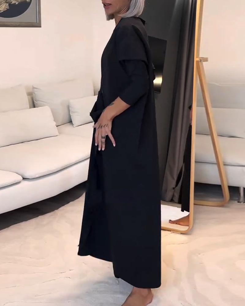 Robe plissée à lacets de couleur unie à la mode avec col rond
