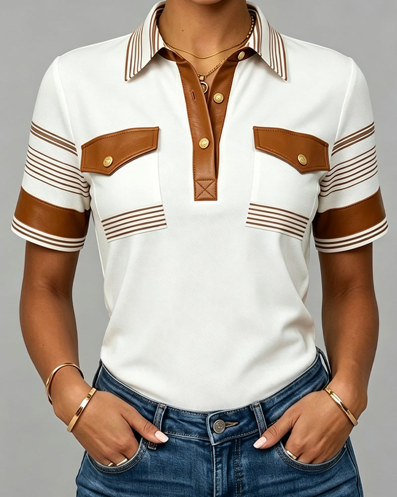 T-Shirt Col Bouton Rayé Manche Courte
