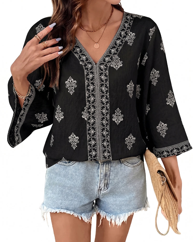 Blouse Col En V Ethnique Lâche