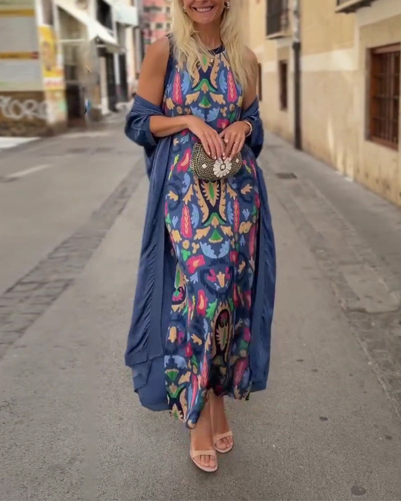 Ensemble Robe Longue Sans Manches Avec Long Cardigan