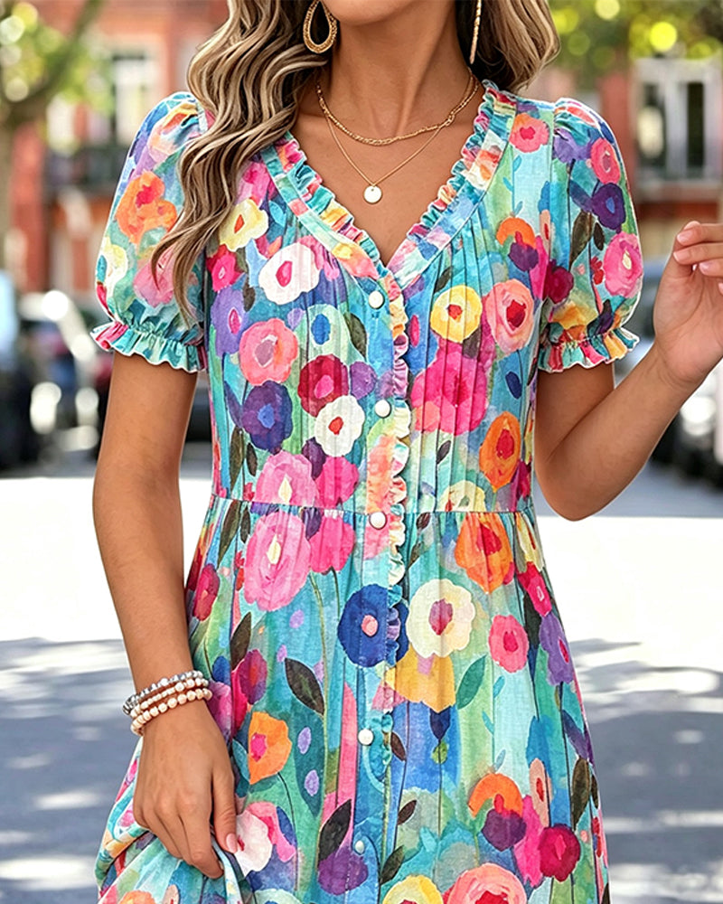 Robe Col V Bouton Manche Bouffante