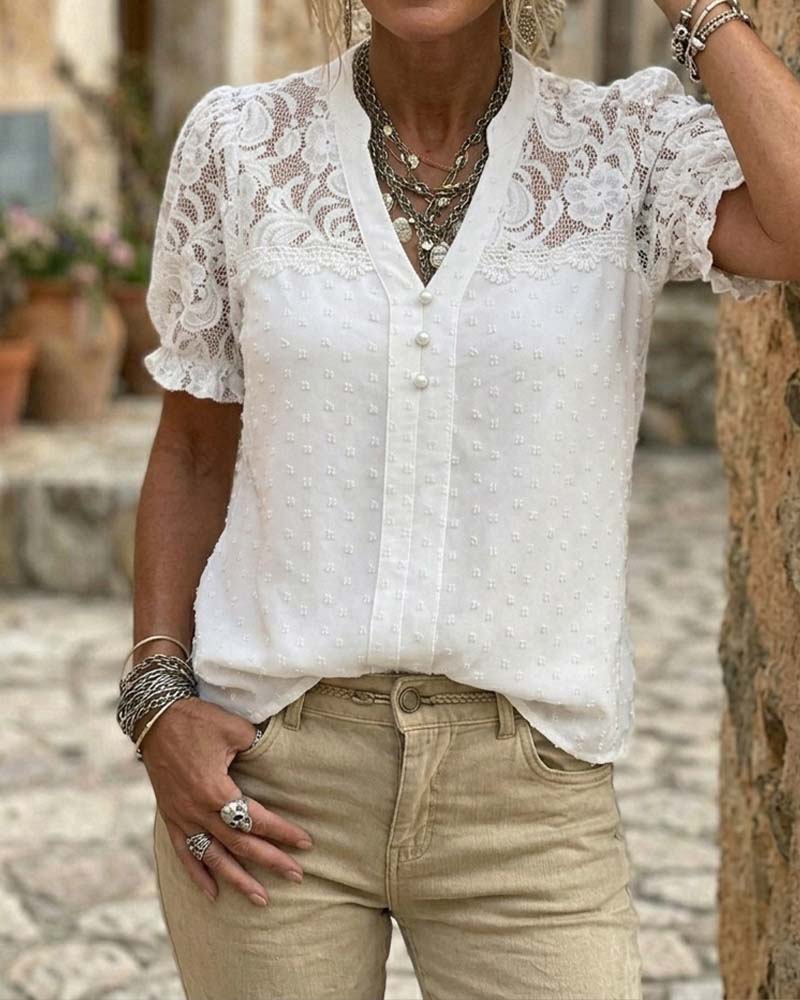 Chemisier Dentelle Patchwork Manche Bouffante Col V