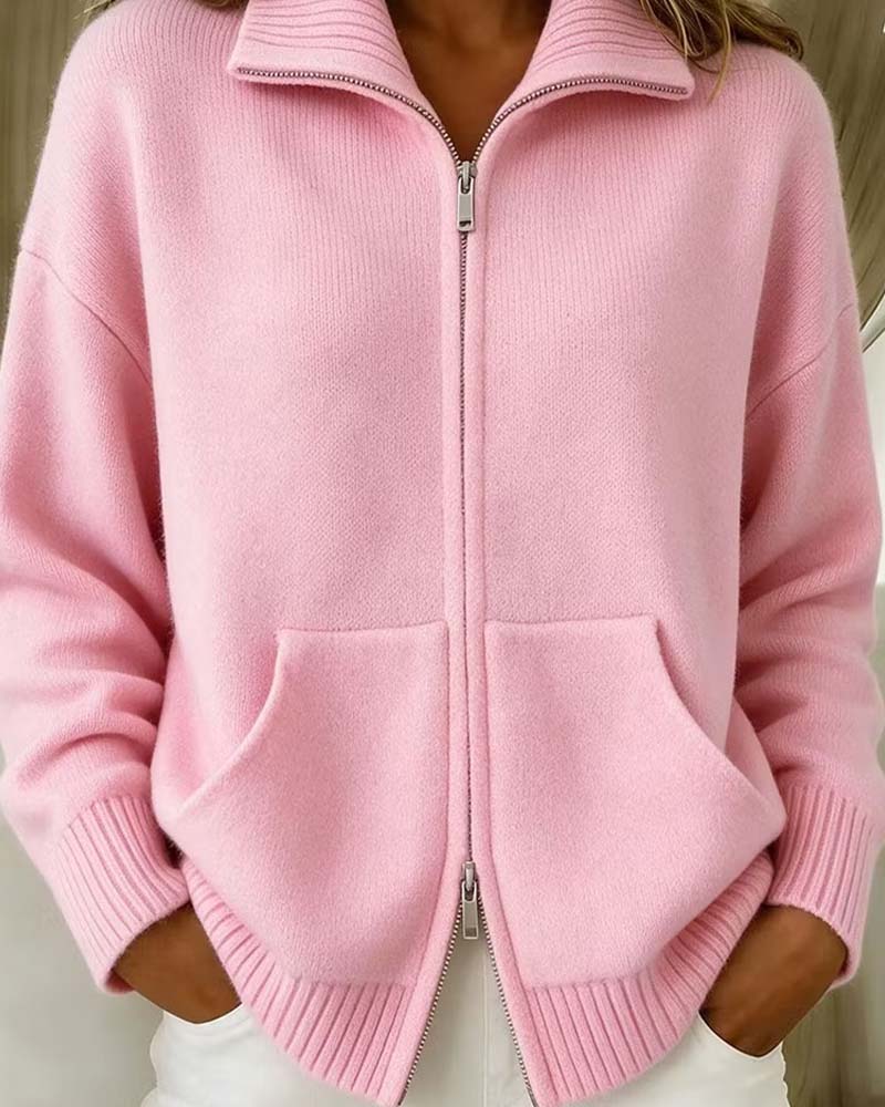 Cardigan Revers Fermeture Éclair Uni