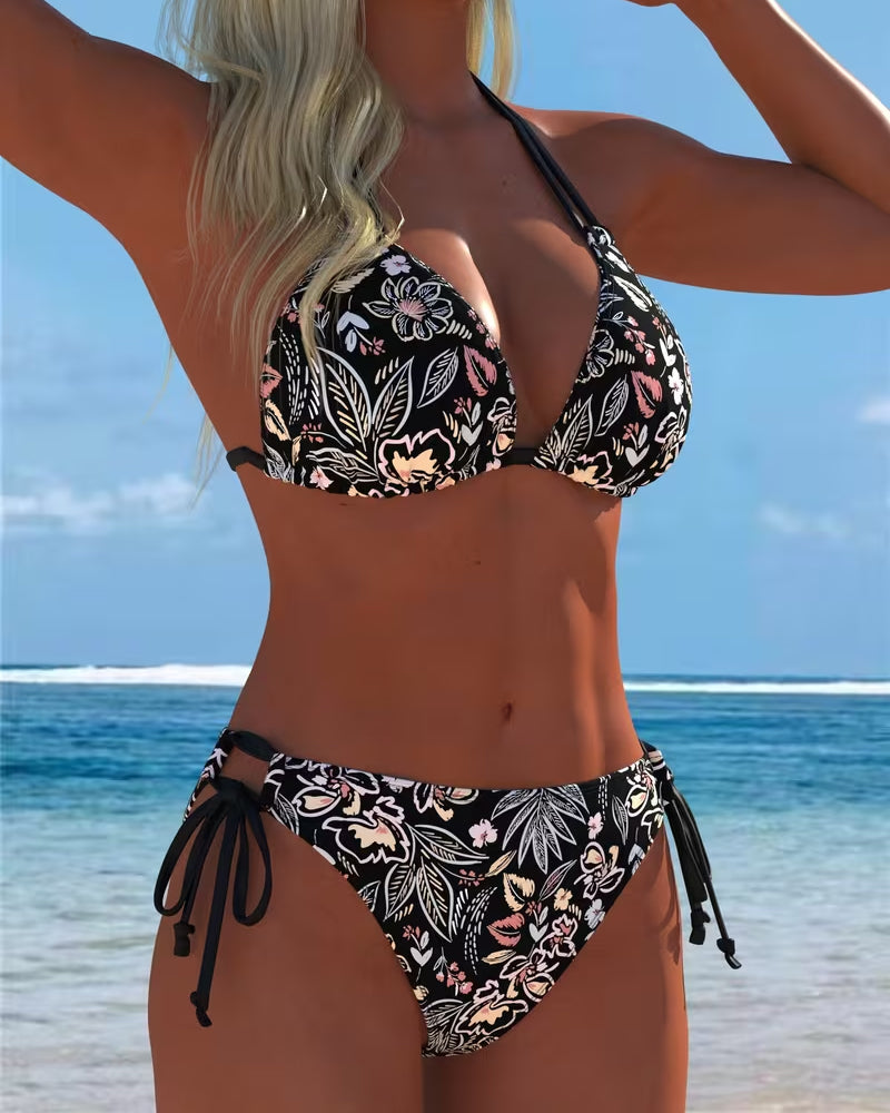 Bikini Fleuri Halier À Attacher Deux-Pièces Bikini