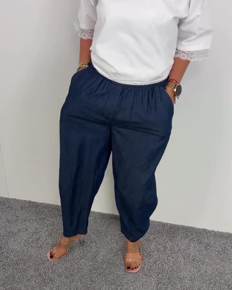 Pantalon Élégant Poche Denim Long