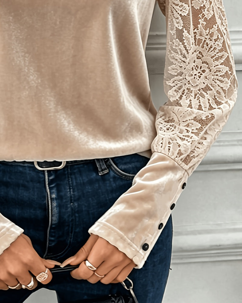Blouse Col Rond Dentelle Bouton Unie