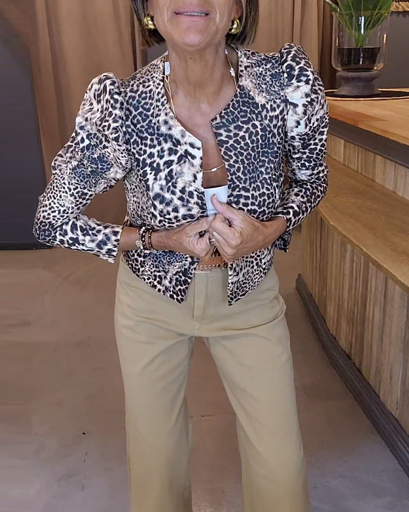 Veste décontractée à manches bouffantes et imprimé léopard