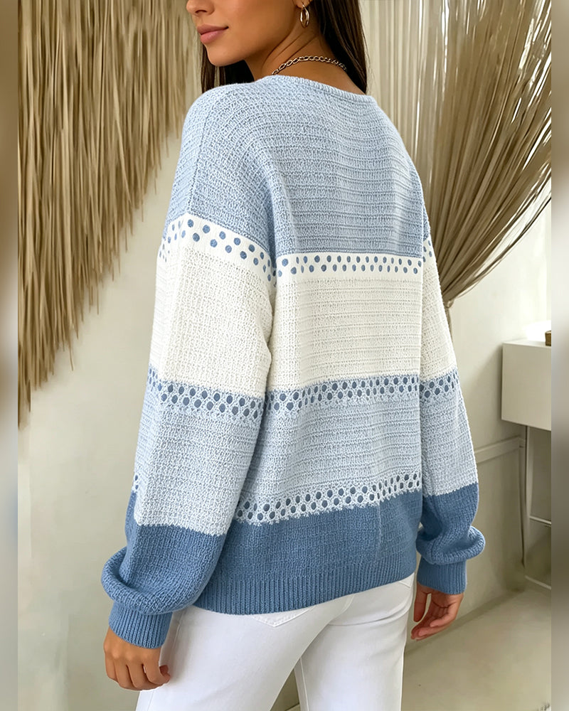 Sweatshirt Bloc De Couleur Tricot Gaufré Henley Pullover