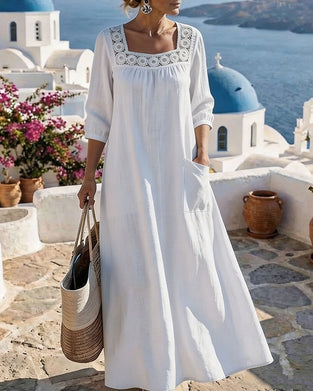 Robe Col Carré Découpé Poche Appliquée Unie