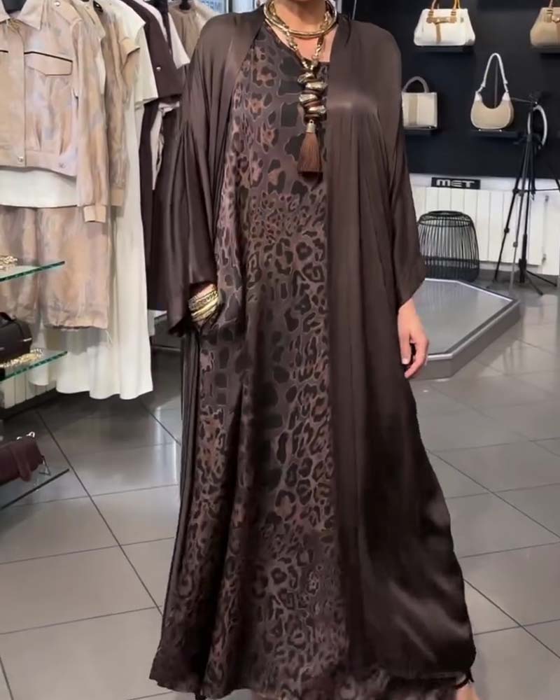 Ensembles Léopard Bretelle Spaghetti Robe Longue Et Cardigan