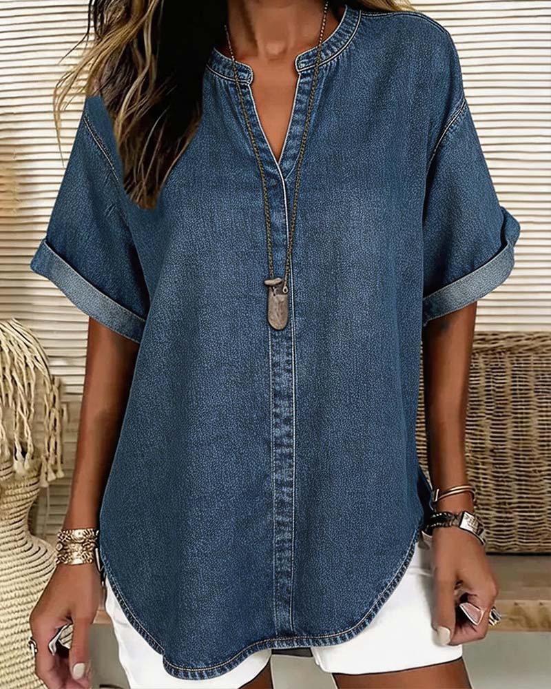 Chemisiers Col V Denim Manches Courtes