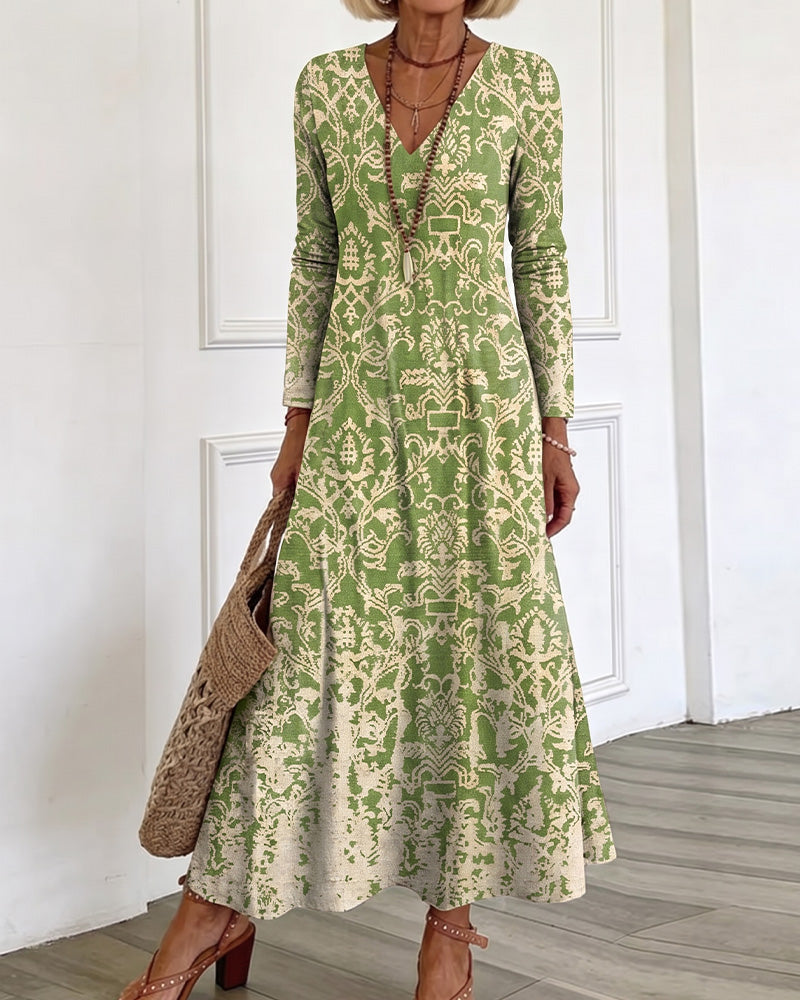 Robe Col En V Coupe A Manches Longues Maxi