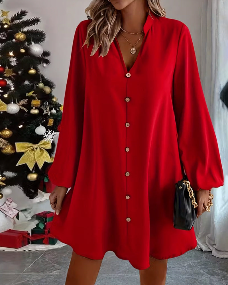 Robe Col V Manches Longues Un Rang De Boutons