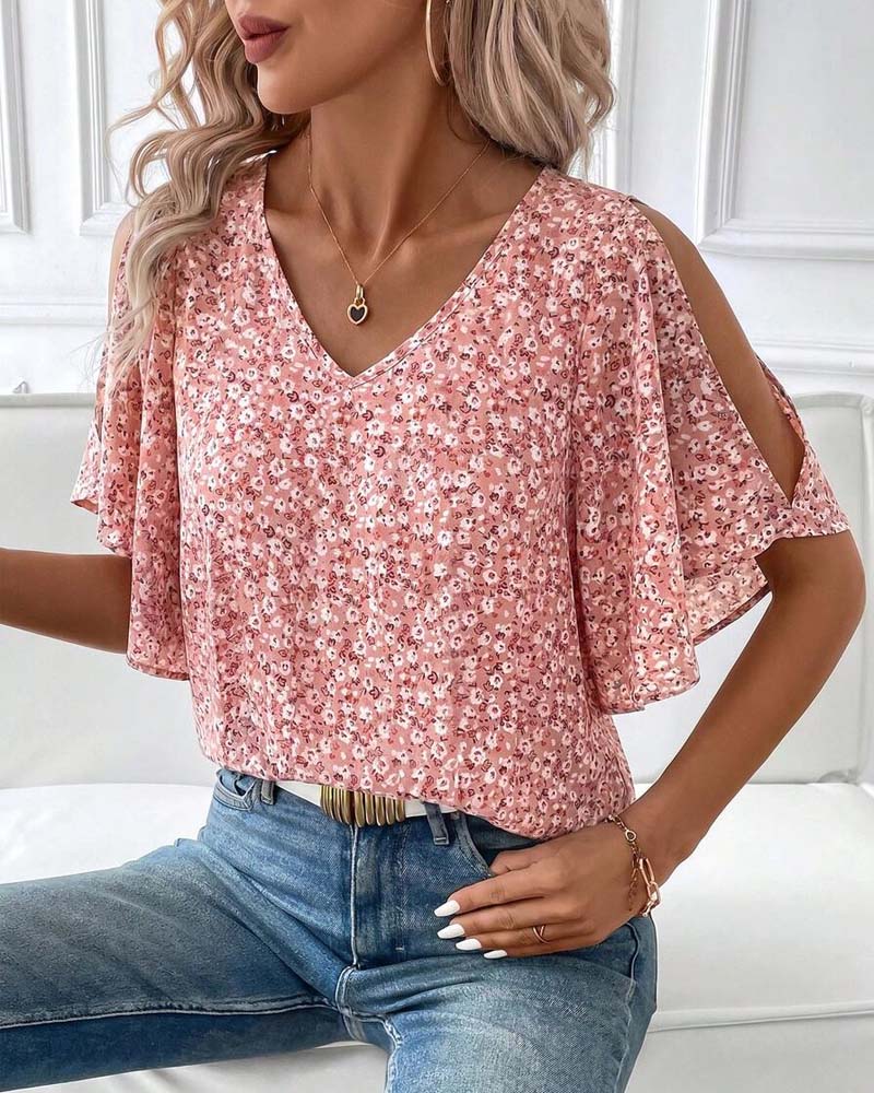 Blouse Col V Florale Off-Shoulder Manche Papillon