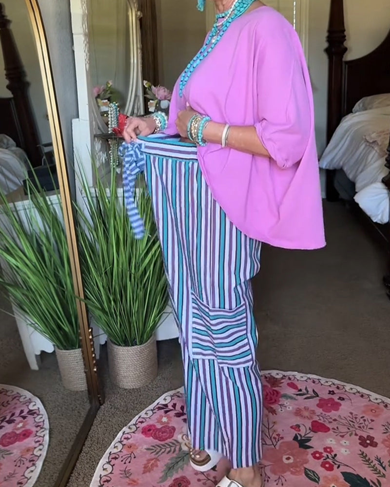 Pantalon Rayé Taille Élastique Décontracté