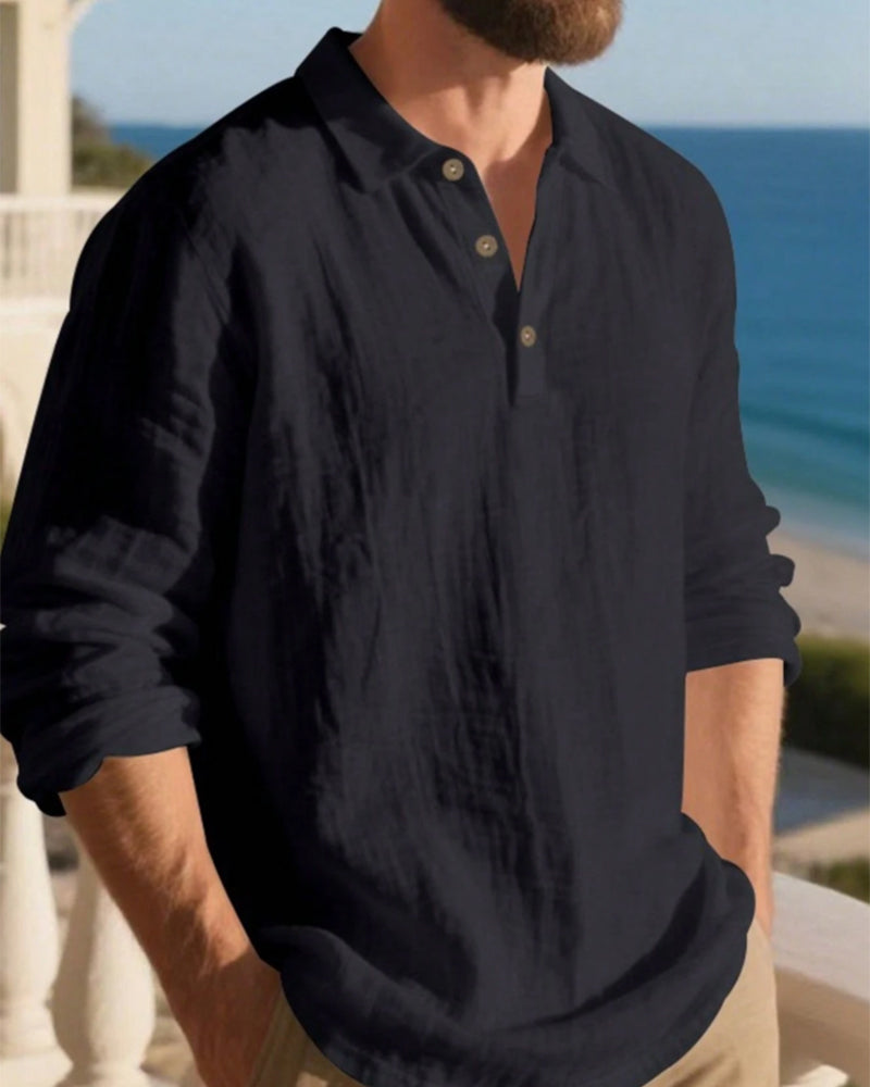 Chemise Homme Légère Coupe Ample Lin Manches Longues Polo