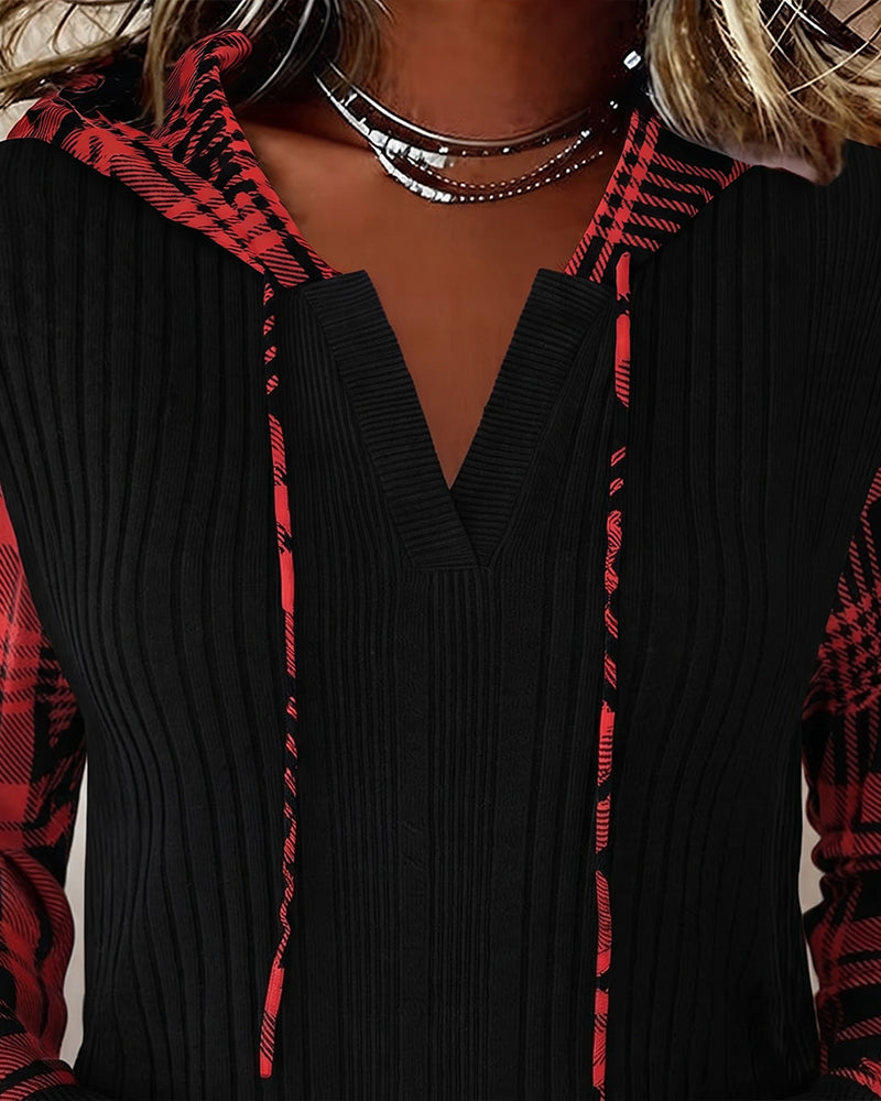 Hoodie Plaid Patchwork Manche-Longue