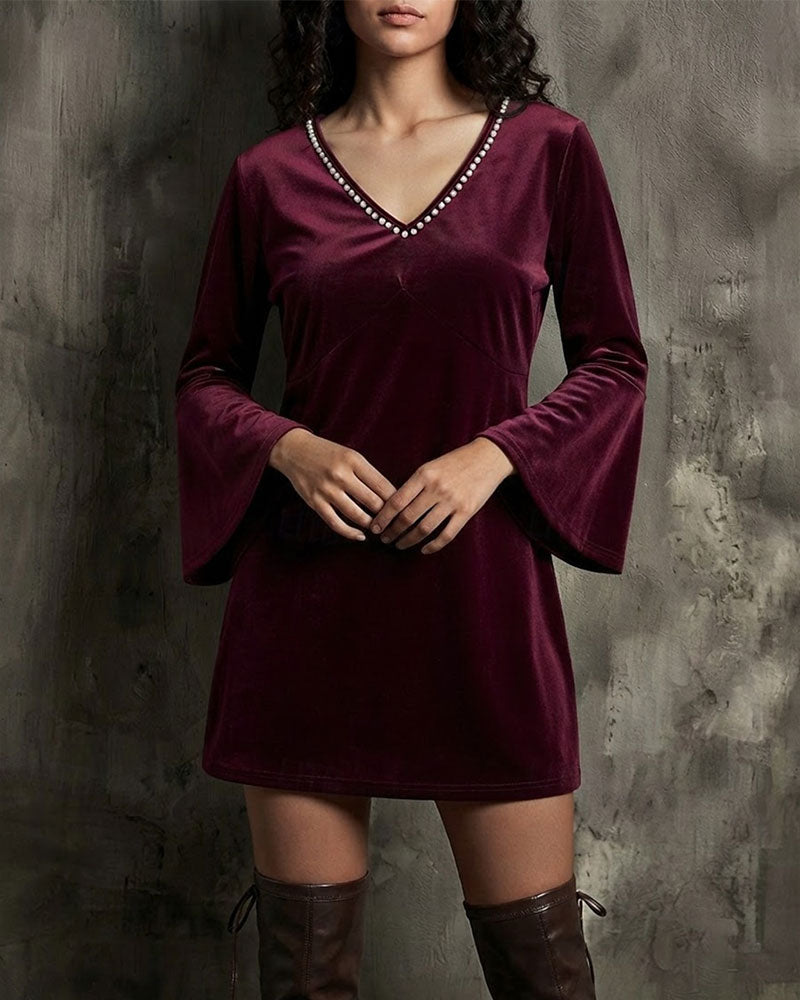 Robe Col En V Manche Évasée Manches Longues