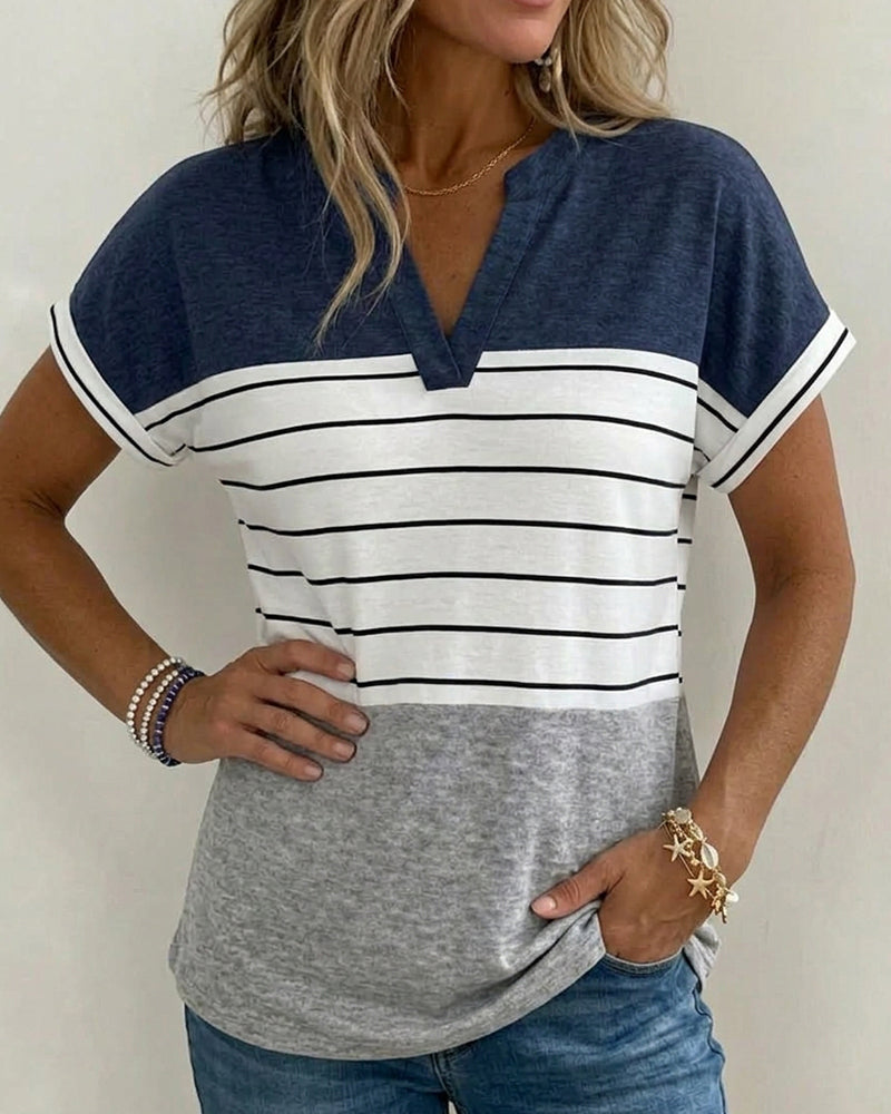 T-Shirt Col V Contraste Rayure