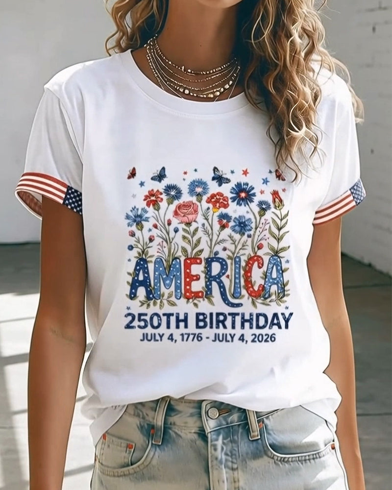 T-Shirt Col Rond Lettre Coloré Imprimé Floral