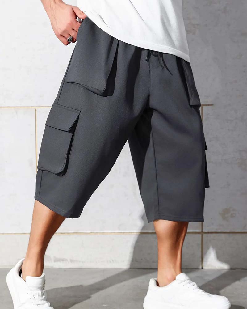 Pantalon Taille Élastique Poche Unie Cargo