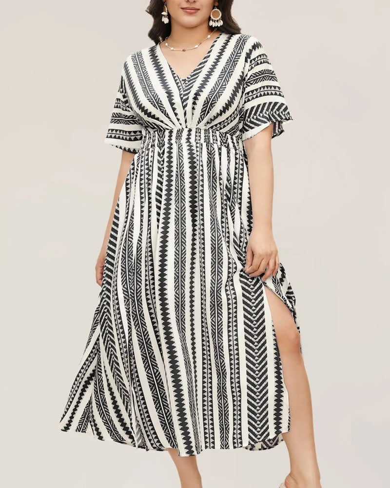 Robe Profond V Bleu Blanc Rayure Géométrique Taille