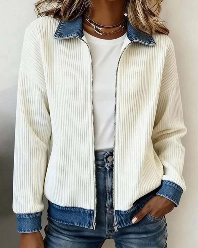Manteau Revers Fermeture Éclair Denim Panneau