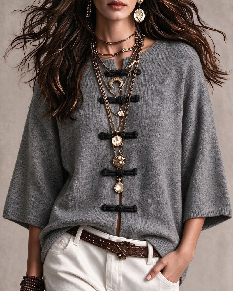 Pull Col Rond Bouton Chinois Lâche