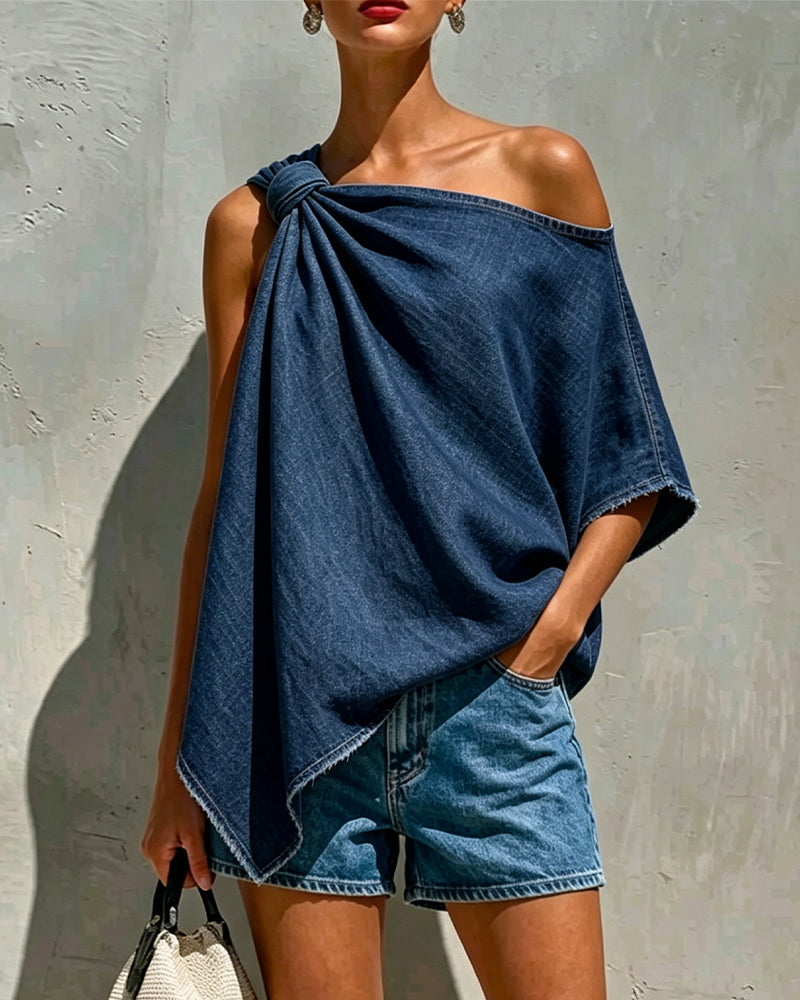 Blouse Denim Nœud Une Épaule