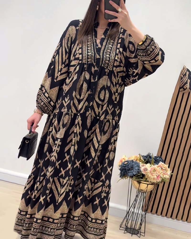 Robe imprimée à manches longues et col V