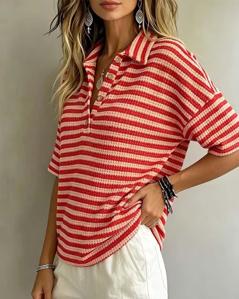 Blouse Col Polo Rayé Bouton Devant