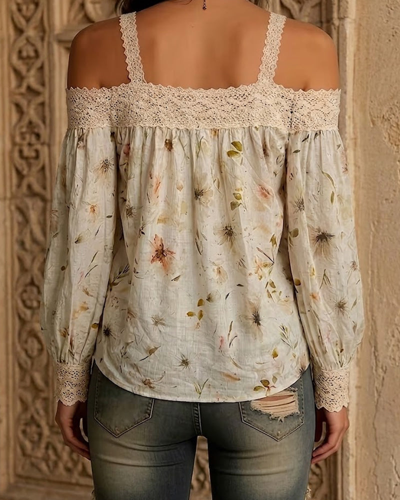 Blouse Fleurie Hors Épaule Dentelle Bretelles Manches Longues