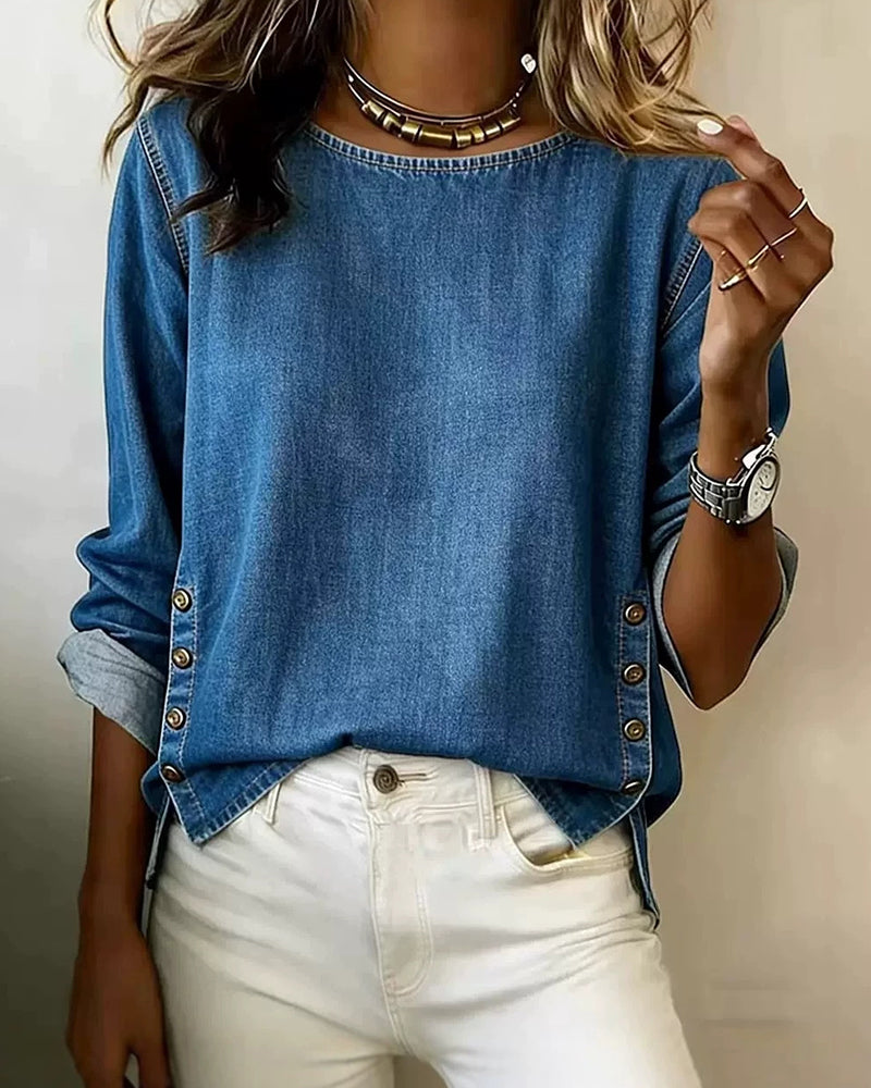 Blouse Col Rond Fente Latérale Bouton