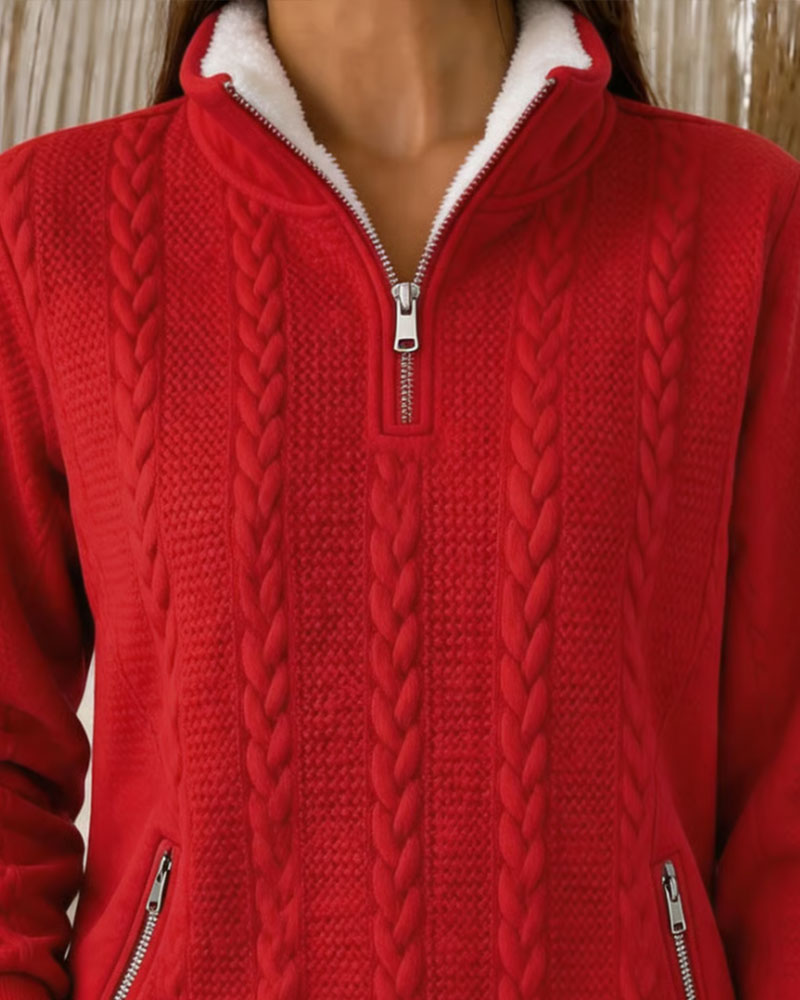 Sweatshirt Tricot Torsadé Doublé Polaire Demi Fermeture Éclair