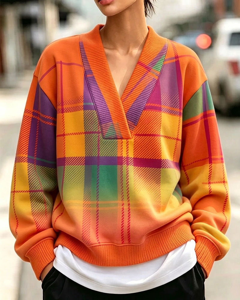 Sweatshirt Col V Carreau Décontracté