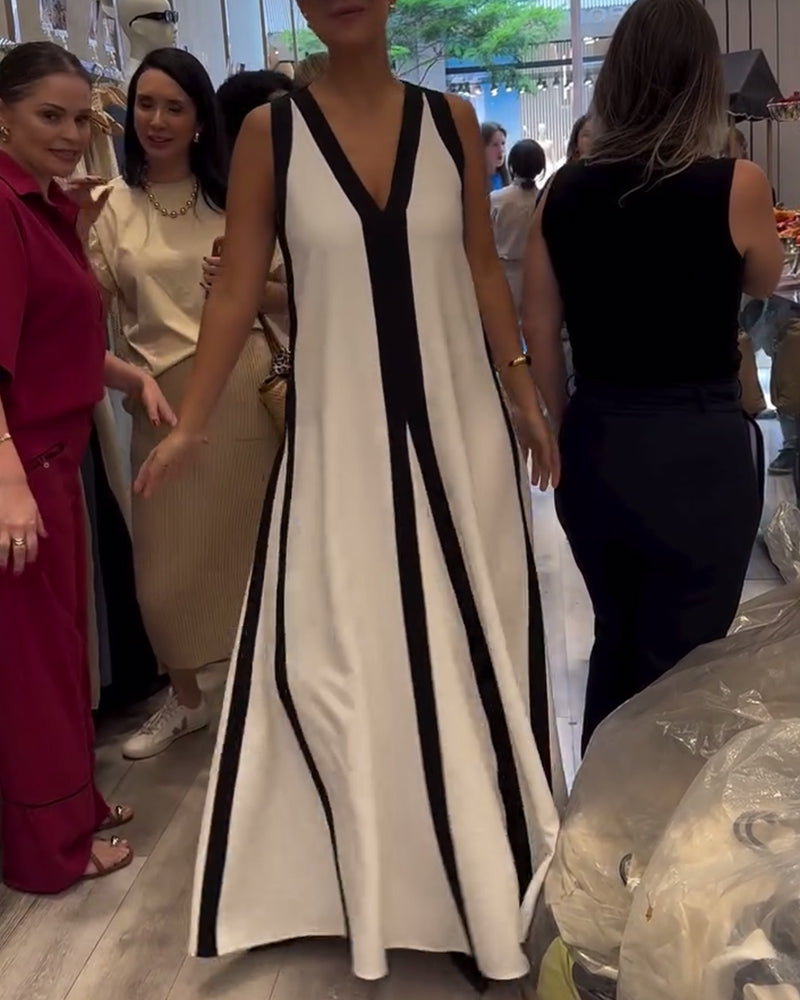 Robe Col en V Sans Manches Colorblock Lâche