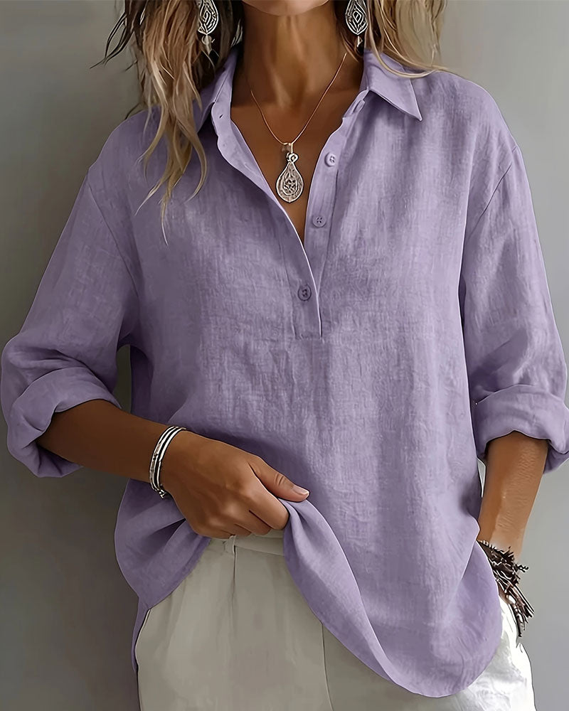 Blouse Unie Col Patte Demi-Patron Manches Longues