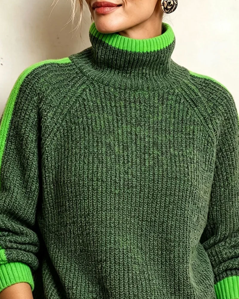 Pull Col Roulé Contraste Manches Raglan