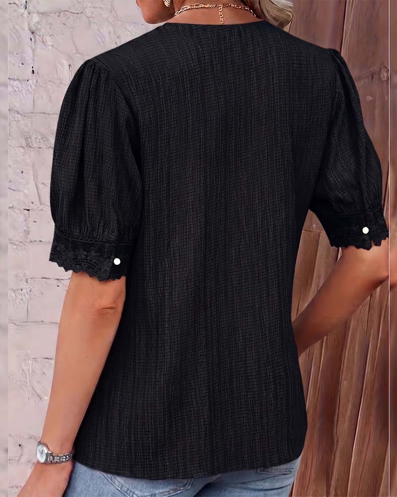 Chemisier Dentelle Patchwork Col V Manche Bouffante