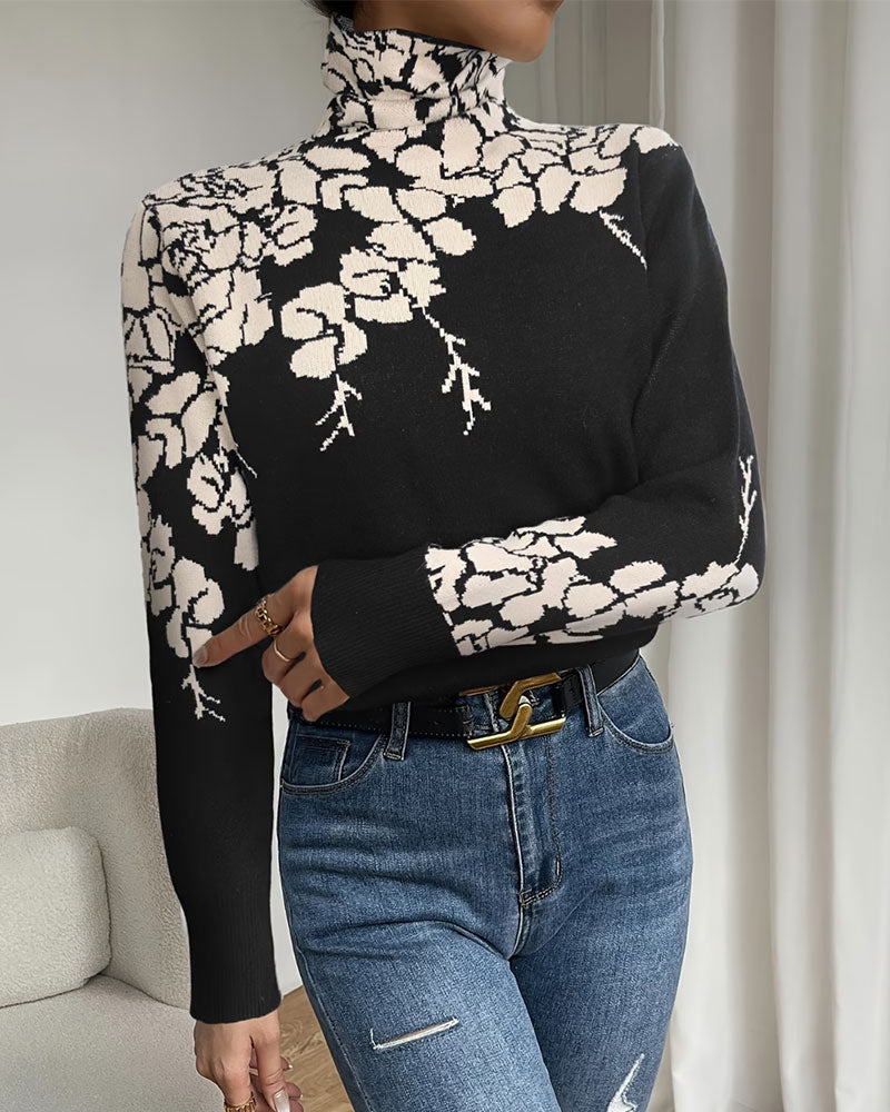 Pullover Col Haut Fleuri Jacquard