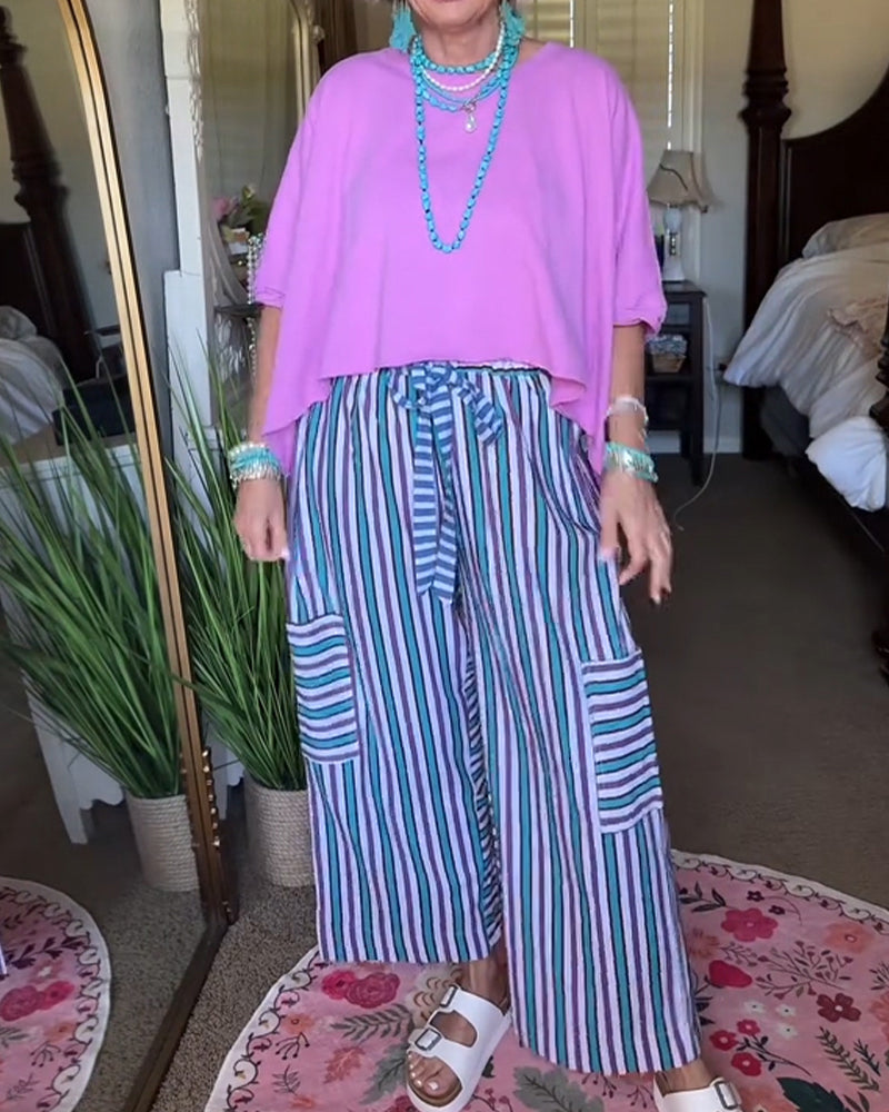 Pantalon Rayé Taille Élastique Décontracté