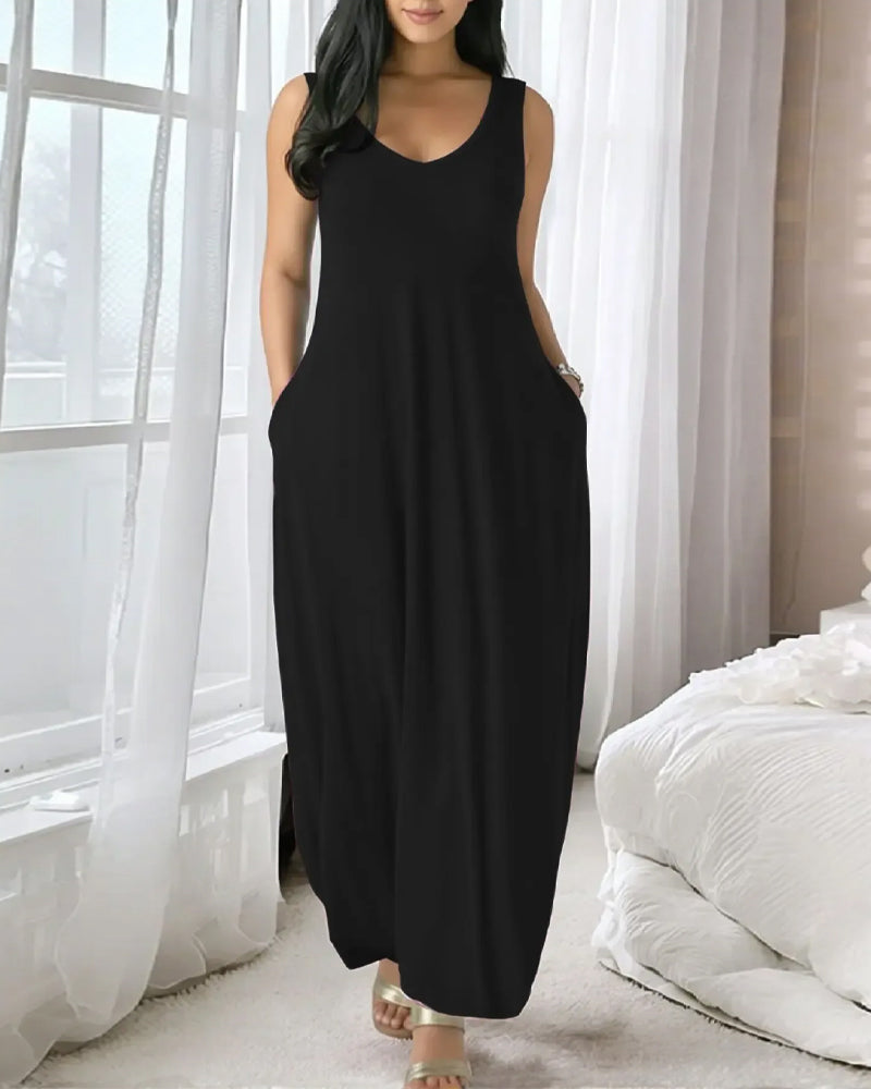 Robe Col En V Poche Lâche Débardeur Longue