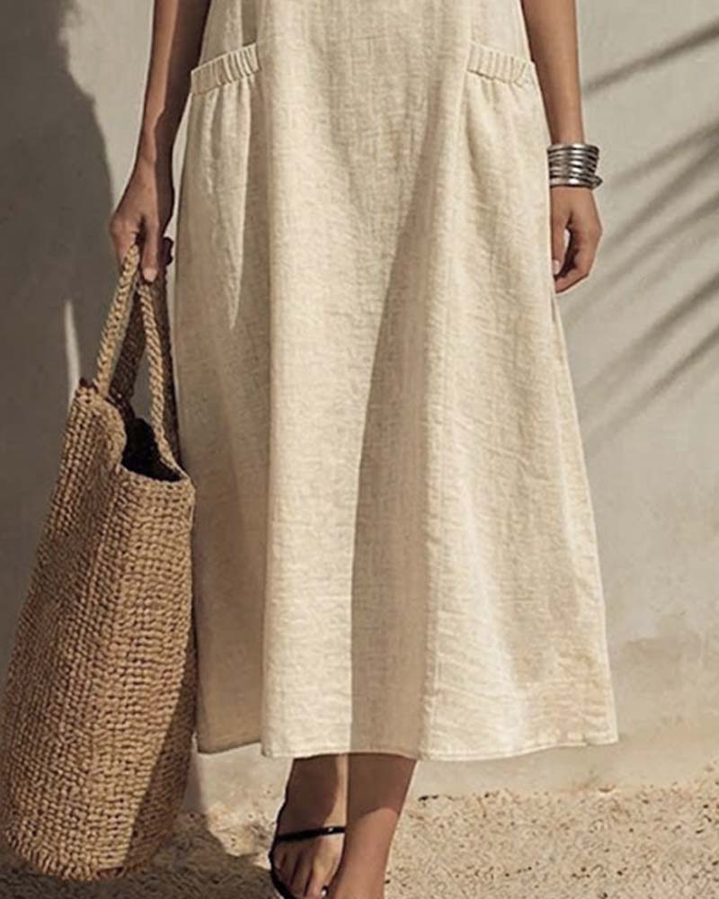 Robe Col U Poche Sans Manches Unie