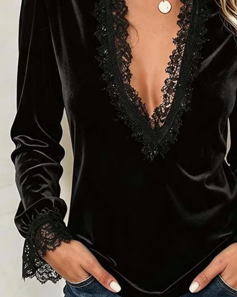 Haut Dentelle Patchwork Col En V Volant