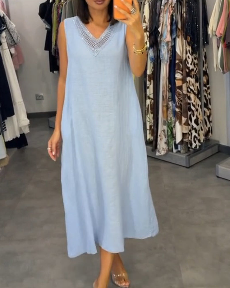 Robe Col En V Sans Manches Midi