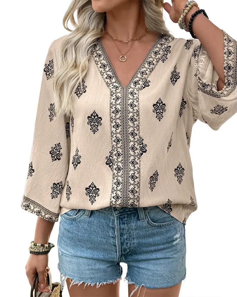 Blouse Col En V Ethnique Lâche